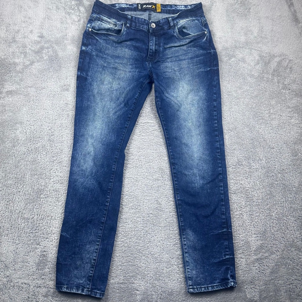 RawX Skinny Fit Jeans Mens 34x32 Blue Medium‎ Wash Whiskered Stretch Denim